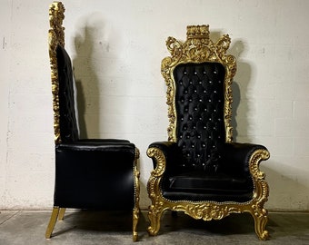 Black Throne Chair 75"H Black Leather Chair *2 LEFT* French Chair Throne Black Leather Chair Tufted Gold Throne Chair Rococo Vintage Chair