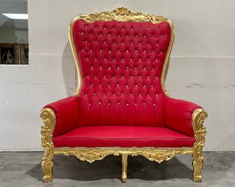 Only 1 Left in Stock* Gold Throne Chair Double Throne 2 Seater Red Leather Chair French Tufted Chair Throne Chair Tufted Gold Frame Rococo