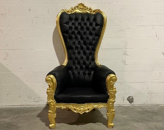 2 Left in Stock* Gold Throne Chair Black Leather Chair French Tufted Chair Throne Black Leather Chair Tufted Gold Frame Throne Chair Rococo