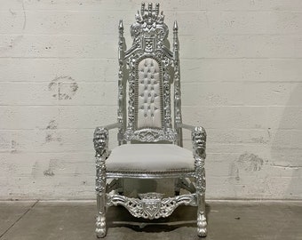 Throne Chair King Chair Silver Leaf White Leather Chair Crystal Tufted Vintage Furniture Baroque Rococo French Tufted Chair