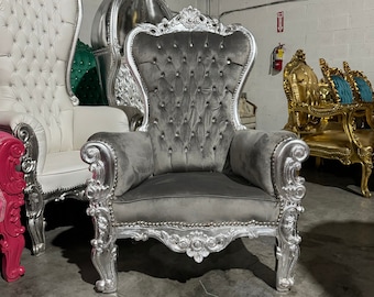 1 Left In Stock* Silver Midsize Throne Chair Gray Velvet French Throne Chair Gray Velvet Silver Throne Chair Rococo Vintage Chair