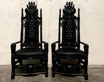 Throne Chair King Chair Black Lacquer Black Leather Chair Tufted Vintage Furniture Baroque Rococo French Tufted Chair