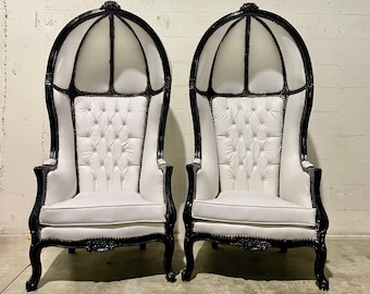 French Balloon Chair White Leather Throne Chair High-Back French Canopy Black Lacquer Chair White Leather Interior Design