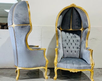 French Balloon Chair Gray Velvet Throne Chair *2 Available in Stock* High-Back French Canopy Gold Leaf Chair Interior Design