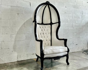 1 Left in Stock* French Balloon Chair White Leather Throne Chair High-Back French Canopy Black Lacquer Chair White Leather Interior Design