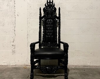 Throne Chair King Chair Black Lacquer Black Leather Chair Tufted Vintage Furniture Baroque Rococo French Tufted Chair