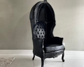 French Balloon Chair Throne Chair *2 Available* Black Leather Canopy Chair Black Chair Tufted French Interior Design