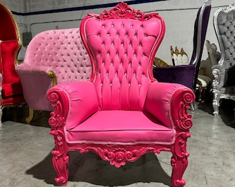 2 Available in Stock* Pink Throne Midsize Chair Interior Design Throne Chairs Rococo Furniture Baroque Gold Pink Tufted Chair Pink Leather