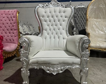 Silver Midsize Throne Chair White Leather *2 in Stock* French Throne Chair White Leather Tufted Silver Throne Chair Rococo Vintage Chair