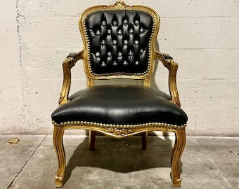 1 Chair Left* French Chair Gold 24K Vintage Black Leather Furniture Rococo Chair Baroque Interior Design French Tufted Chair