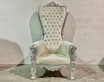 Silver Throne Chair Tufted Champagne Velvet  Chair *1 In Stock* French Tufted Chair Throne Chair Tufted Silver Frame Throne Chair Rococo