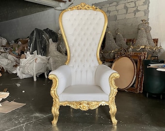 White Throne Chair White Leather Chair *2 LEFT* French Chair Throne White Leather Chair Tufted Gold Throne Chair Rococo