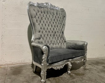 1 Left in Stock* Silver Throne Chair Double Throne 2 Seater Gray Velvet Chair French Tufted Chair Throne Chair Tufted Silver Frame Rococo