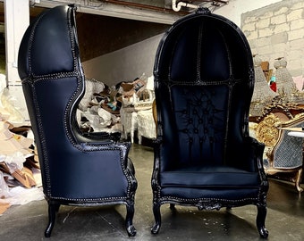 FAST Shipping* French Balloon Chair Throne Chair *2 Available* Black Leather Canopy Chair Black Chair Tufted French Interior Design