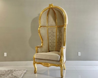 French Balloon Chair Off-White/Beige Velvet Tall Chair High-Back French Canopy Gold Leaf Chair Cream Interior Design