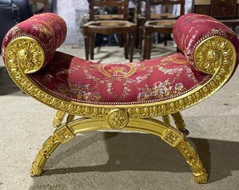 French Red Small Settee Bench Vintage Gold Leaf Frame Vintage furniture Vintage french bench Furniture Chair
