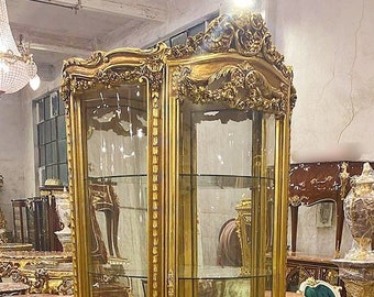 Glass Gold Vitrine Cabinet French Antique Vitrine Gold Gabinet French Louis XVI Style  French Cabinet