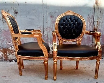 French Chair Gold 24K Vintage Black Leather Furniture Rococo Chair Baroque Interior Design French Tufted Chair