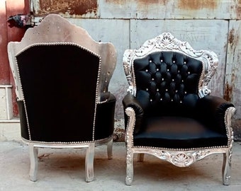 French Chair Silver Leaf Tufted Black Leather Vintage Furniture Rococo Chair Baroque Interior Design French Tufted Chair