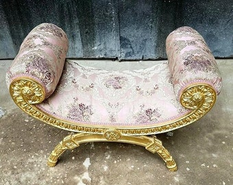 French Small Settee Bench Vintage Gold Leaf Frame Vintage furniture Vintage french bench Furniture Chair
