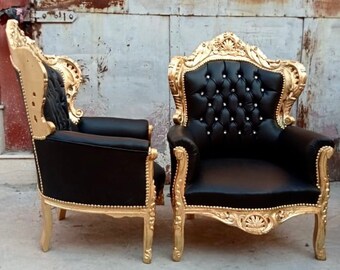 French Chair Gold 24K Tufted Black Leather Vintage Furniture Rococo Chair Baroque Interior Design French Tufted Chair