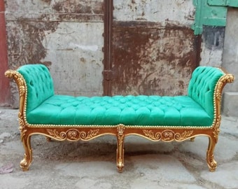French Chaise Lounge/ Antique Gold Leaf Finish/Hand Carved Wood Frame/ Tufted Green Vintage Furniture Vintage Chair Chaise