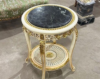 Italian Rococo Style Marble Topped White and Gold Side Table