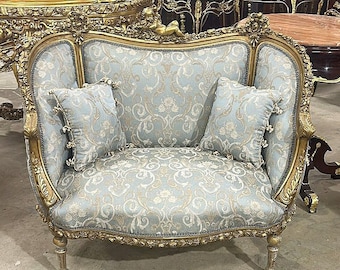 Sky blue Beige Sofa French Baroque Style with 2 pillows and Gold Details