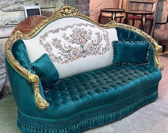 French Green Big Sofa Vintage 24k Gold Vintage Furniture Vintage Sofa Antique Baroque Furniture Rococo Interior Design