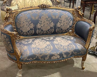 Blue Tufted Sofa French Rococo Style Vintage 24K Gold Furniture Gold leaf