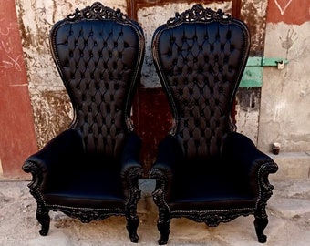 Black Throne Chair *2 LEFT* Black Leather Chair French Tufted Chair Throne Black Leather Chair Tufted Black Frame Throne Chair Rococo