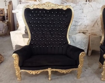 Only 1 Left in Stock* Gold Throne Chair Double Throne 2 Seater Black Velvet Chair French Tufted Chair Throne Chair Tufted Gold Frame Rococo