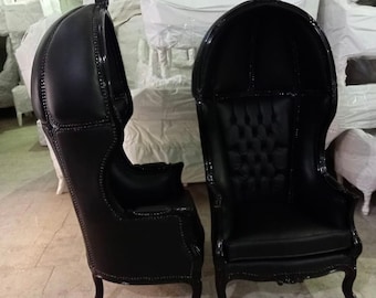 French Balloon Chair Throne Chair *2 Available* Black Leather Canopy Chair Black Chair Tufted French Interior Design