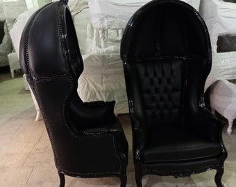 French Balloon Chair Throne Chair *2 Available* Reproduction Black Leather Chair Tufted Black Frame French Rococo Interior Design