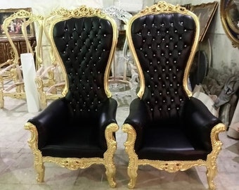 Gold Throne Chair Black Leather *2 LEFT* Chair French Tufted Chair Throne Black Leather Chair Tufted Gold Frame Throne Chair Rococo