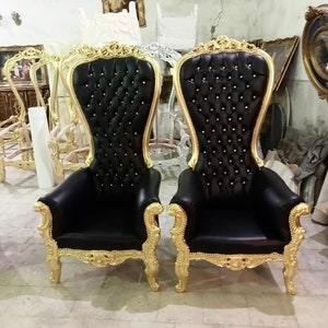 Gold Throne Chair Black Leather *2 LEFT* Chair French Tufted Chair Throne Black Leather Chair Tufted Gold Frame Throne Chair Rococo