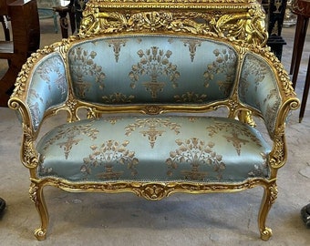 French Small Settee Bench Vintage 24k Gold Vintage Furniture Vintage Sky Blue Settee Vintage Sofa