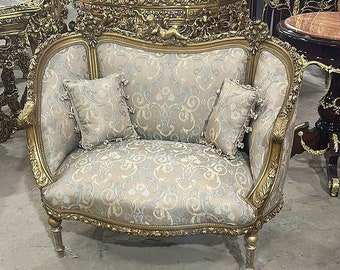 Tan Beige Sofa French Baroque Style with 2 pillows and Gold Details