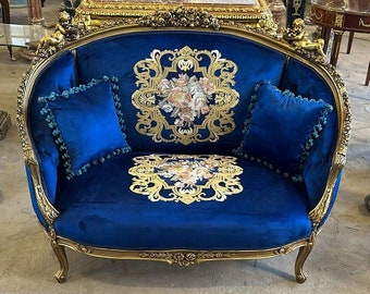 French Furniture Settee French Sofa Blue Vintage Furniture Vintage Settee Antique Baroque Furniture Rococo Interior Design 24k Gold