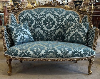 French Antique Furniture Vintage Blue Sofa French Settee  Baroque Furniture Rococo 24k gold New padding Interior Design Vintage