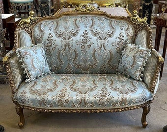 French Antique Furniture Vintage Sky blue Sofa French Settee  Baroque Furniture Rococo 24k gold New padding Interior Design Vintage