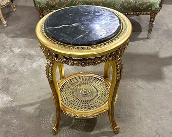 Black Marble Topped Gold Side Table Italian Rococo Style