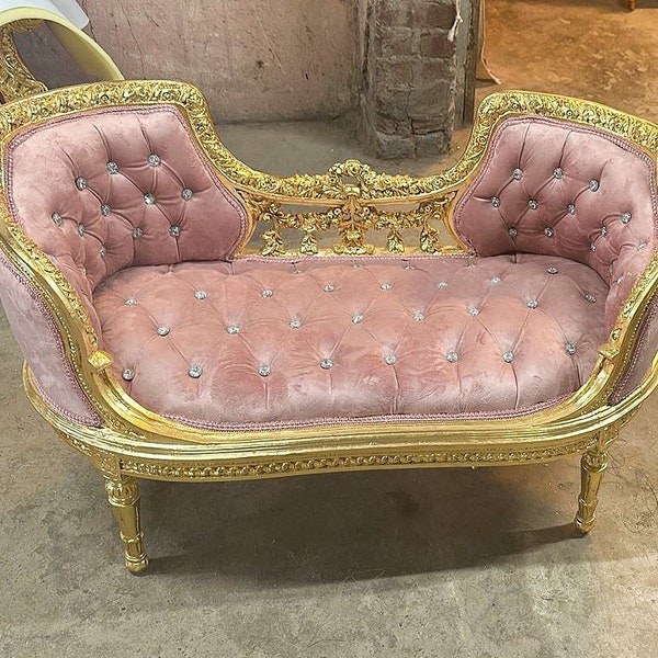 French Rococo Style Light Pink Velvet Bench Furniture Antique Vintage with Gold Details