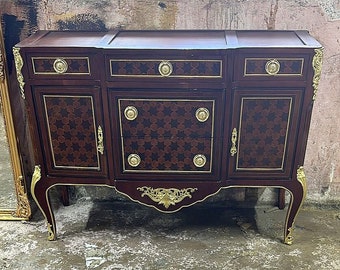 French Louis XVI Style Commode Furniture Vintage 24k Gold Copper With Gold Leaf Details