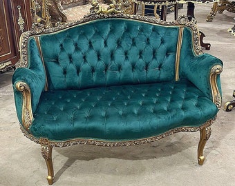 Tufted Green Sofa French Rococo Style with Gold leaf Details Vintage Furniture Baroque Interior Design