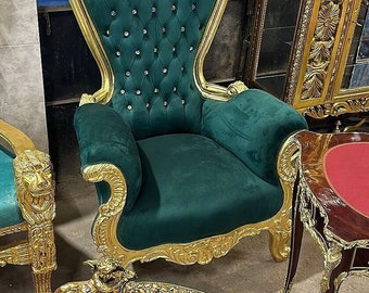 Golden Throne Chair Dark Green Velvet Chair French Chair Throne Rococo Vintage Chair