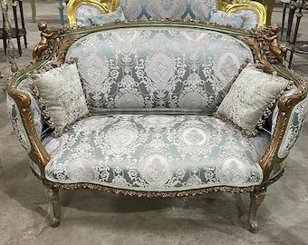 French Rococo Style Sky Blue Tufted Sofa Vintage 24K Gold Furniture