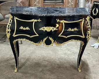 French Black Commode Louis XV Style Marble topped Furniture Vintage Commodes Gold Leaf