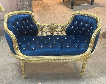 French Rococo Style Dark Blue Velvet Bench Furniture Antique Vintage with Gold Details