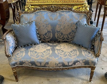 French Vintage Dark Blue Sofa French Settee  Baroque Furniture Rococo 24k gold New padding Interior Design Vintage